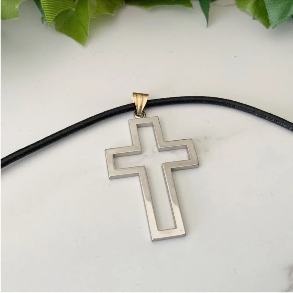 Stainless Steel Open Cross Pendant on 17” Black Cord